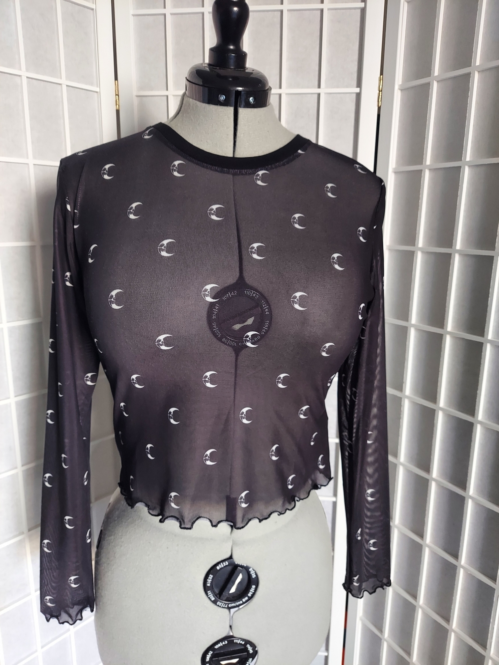 Killstar Black Sheer Moon-Print Long Sleeve Crop Top